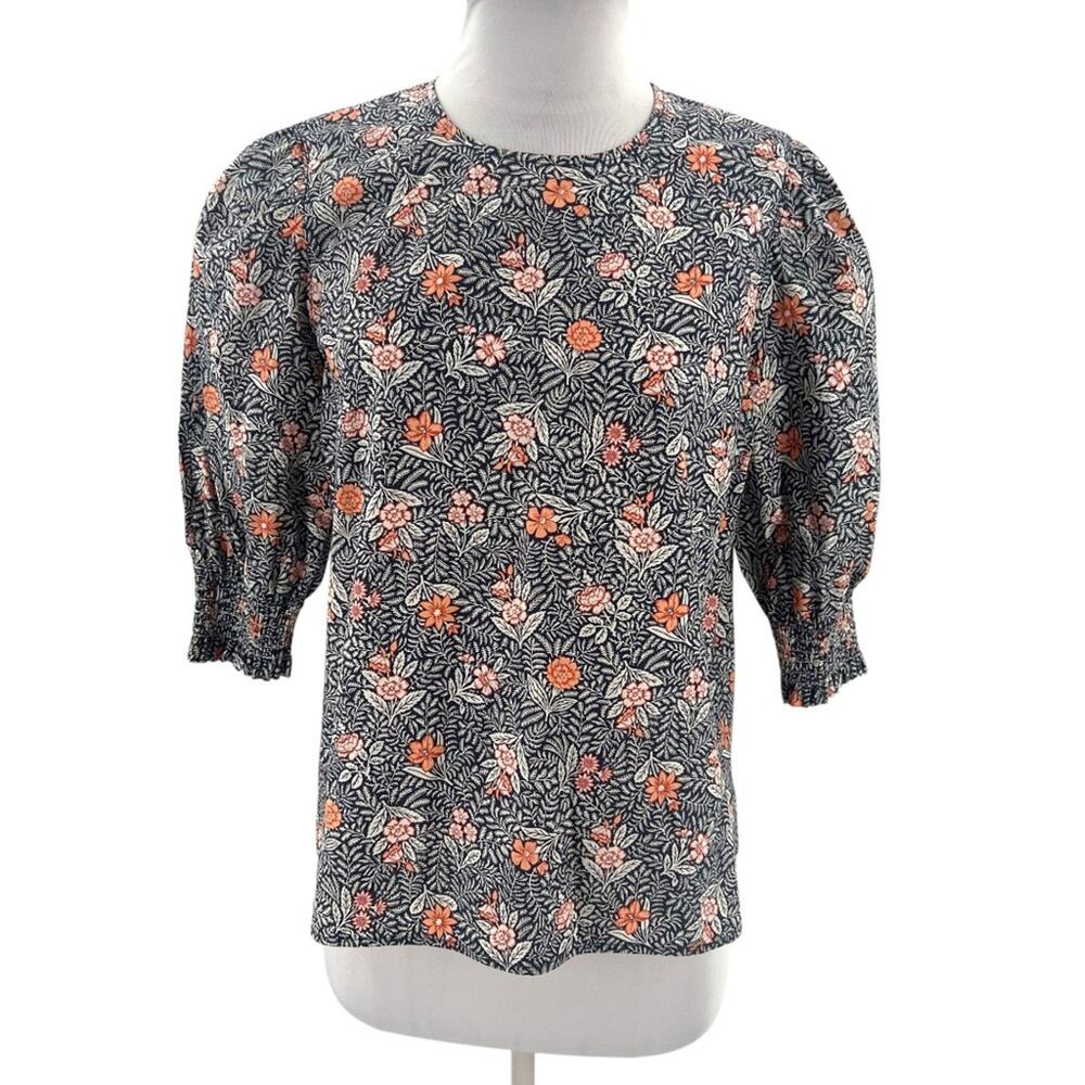 Ann Mashburn floral puff sleeve poplin blouse‎ top sz S